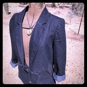 Dark denim blazer with black accents